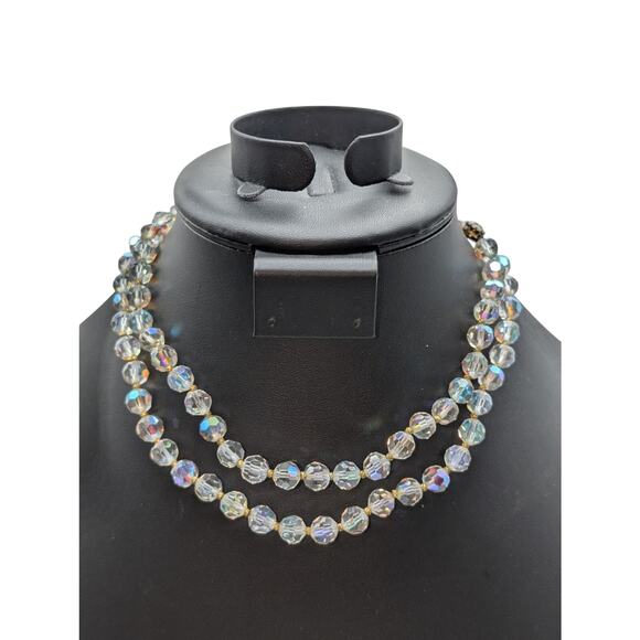 Vintage Double Strand Aurora Borealis Crystal Gold Bead 13"-15" Choker Necklace - Picture 7 of 8